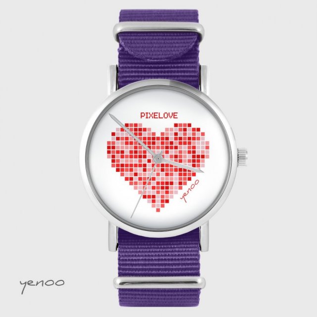 Zegarek - Serce pixelowe - fioletowy, nylonowy