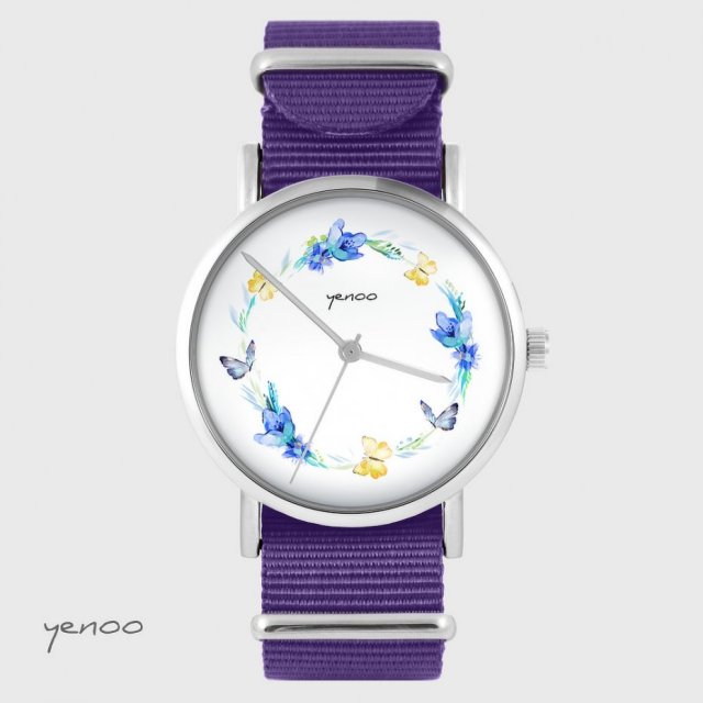 Zegarek - Wianek, motyle - fioletowy, nylonowy