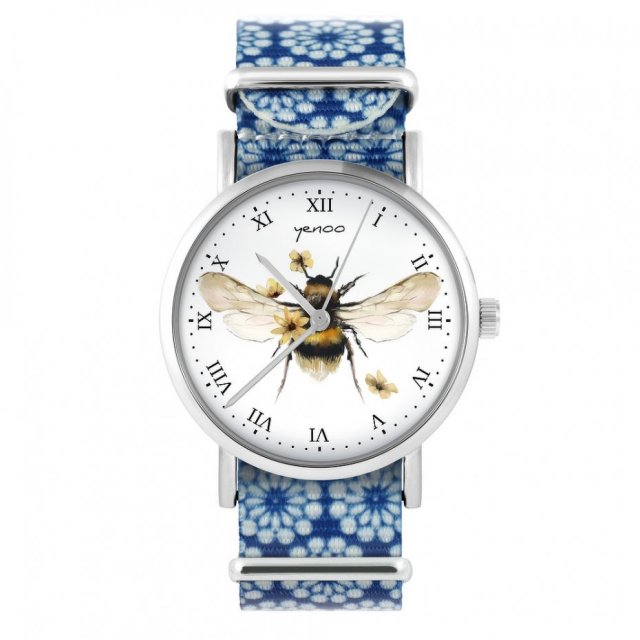 Zegarek - Bee natural - niebieski, kwiaty