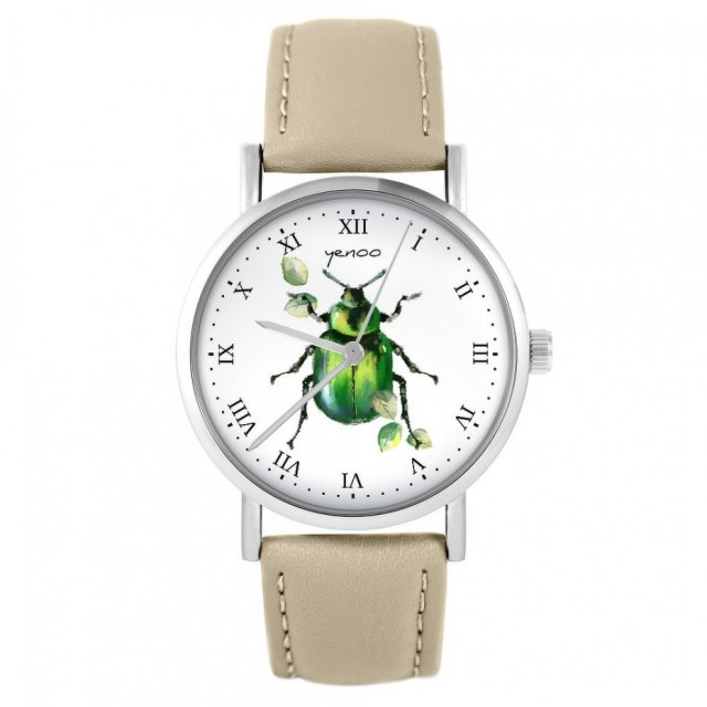 Zegarek yenoo - Zielony żuczek - skórzany, beżowy