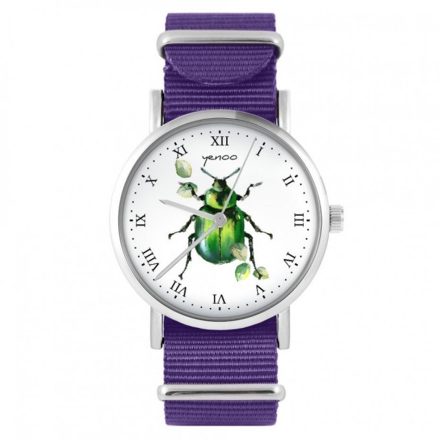 Zegarek - Zielony żuczek - fioletowy, nylonowy