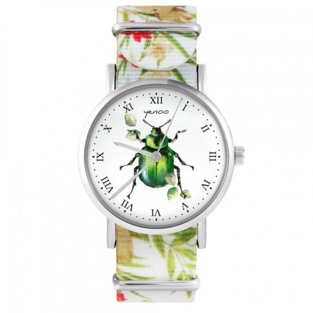 Zegarek - Zielony żuczek - kwiaty, nylonowy, biały