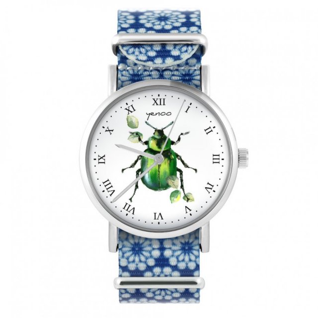 Zegarek - Zielony żuczek - niebieski, kwiaty, nylonowy