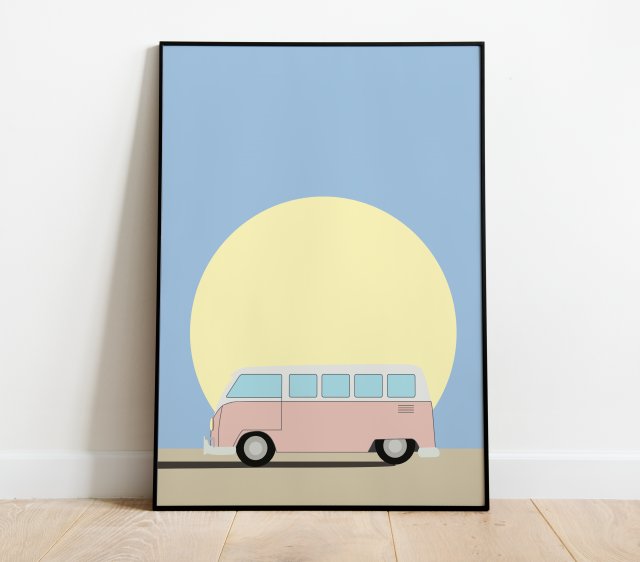 Różowy camper plakat A3