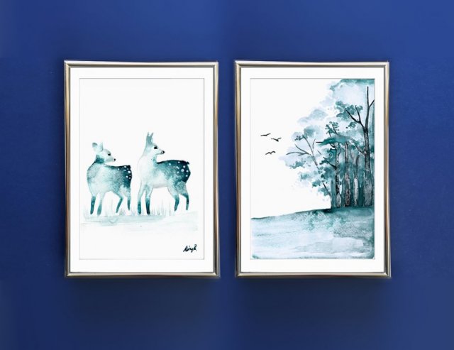 Dyptyk, Akwarela oryginalna 2 x A4, "Las i Sarny", piękne zimowe pejzaże malowane ręcznie, unikatowe i jedyne egzemplarze, sarenka, drzewa,