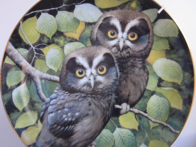 DANBURY MINT -NESTLING OWLETS - DUSKY DUO  by Robert Hersey - KOLEKCJONERSKI TALERZ PORCELANOWY