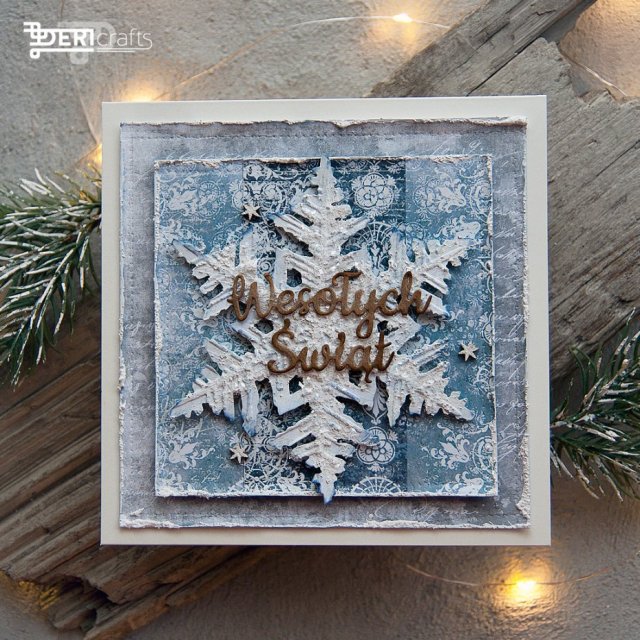 Zimowa świąteczna kartka w odcieniach niebieskiego ze śnieżynka