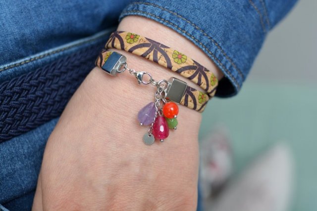 bransoletka z korka FLOWERBY double z jadeitem