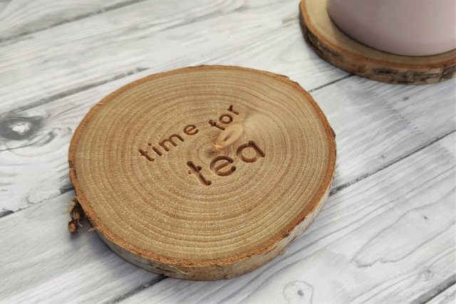 Podstawka pod kubek, brzozowy plaster drewna, TIME FOR TEA, dla fana herbaty, podkładka krążek boho dodatki