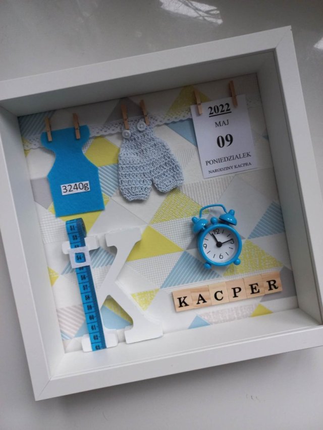Metryczka, pamiątka narodzin w ramce 3D dla chłopca