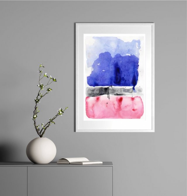 Akwarela oryginalna A4 Abstrakcja "Nocna Głębia", fiolet, róż, szary, minimalistyczny obraz, unikat