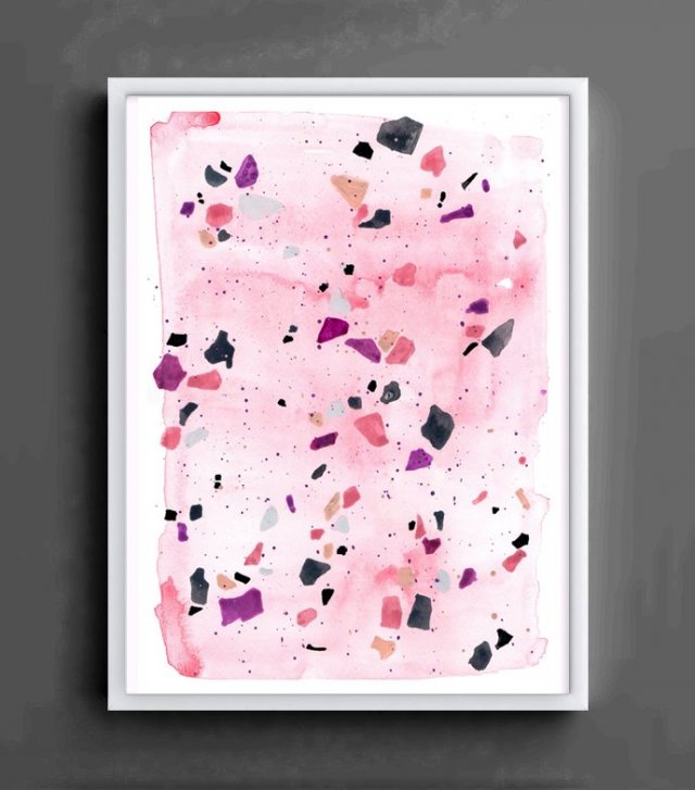 Akwarela Oryginalna A4 Abstrakcja "Różowe Lastryko", fiolet, róż, szary, minimalistyczny obraz, lastryko, modne