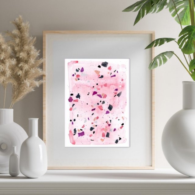 Akwarela oryginalna A4, abstrakcja "Różowe Lastryko", fiolet, róż, szary, minimalistyczny obraz, lastryko, modne
