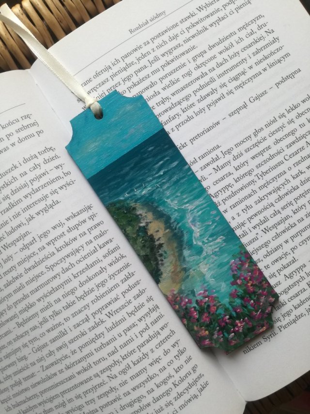 Drewniana zakładka do książki ręcznie malowana rajska wyspa personalizacja