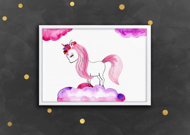 Akwarela Oryginalna A4 "Landrynkowy Jednorożec", obrazek malowany ręcznie, konik do pokoju dziecięcego, unicorn, wata cukrowa