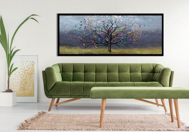 Obraz na płotnie do salonu - DRZEWA, PEJZAŻ Z PTAKAMI 150x60cm 02552