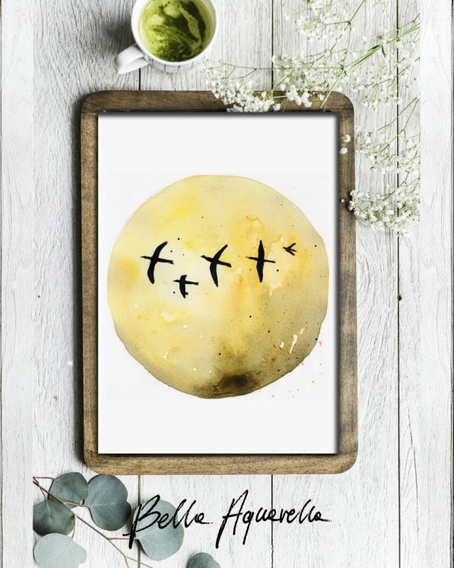 Akwarela oryginalna A4 "Żółta Planeta", przytulny obraz, niebo, słońce, ptaki, do salonu, beige, farbami, cottage
