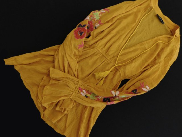 lekka bluzka boho haft kwiaty wiskoza ochra M Hv95