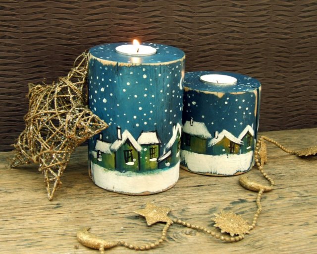 2 drewniane świeczniki ręcznie malowane, granatowe