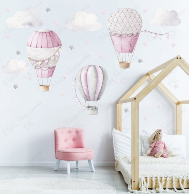Pastelowe różowe balony, chmurki akwarela rozm. XXL