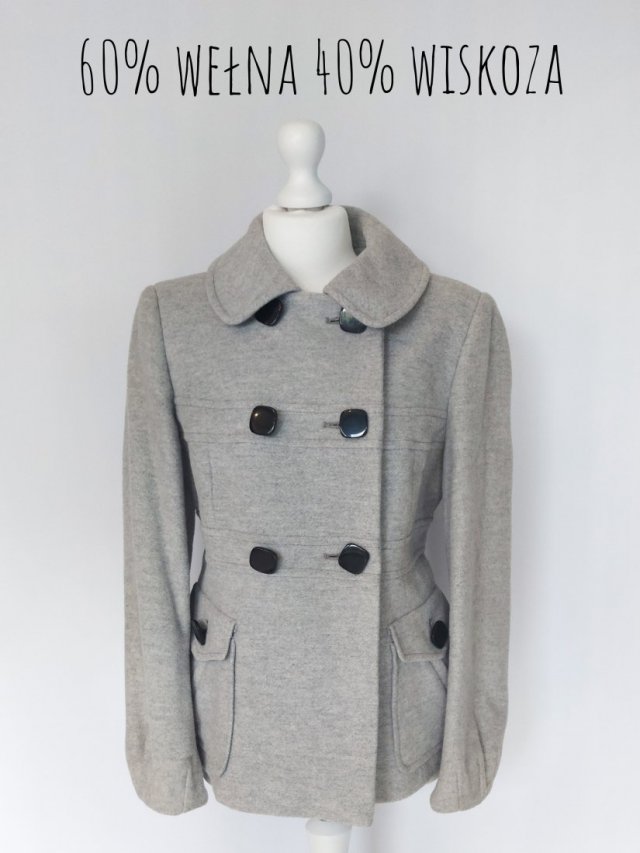 Jasnoszary krótki płaszcz płaszczyk kurtka Marks&Spencer rozmiar 42 dwurzędowy wełniany elegancki