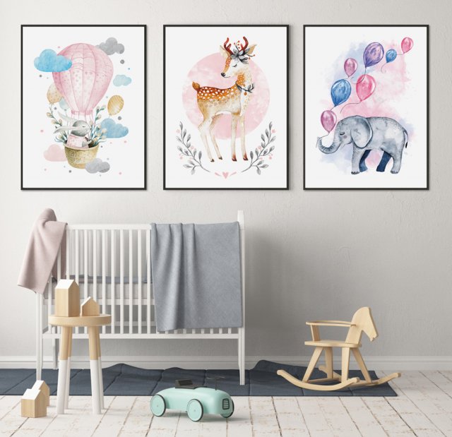 Plakat dla dziecka różowe obrazki zestaw 3 plakatów 30x40 cm