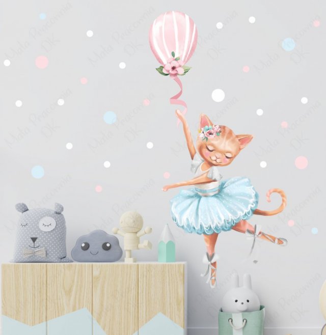 Kotek baletnica z balonikiem ,konfetti - Naklejka na ścianę