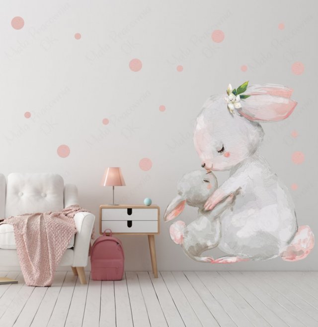 Naklejka na ścianę dla dzieci króliczek z mamusią ,kropki ,groszki