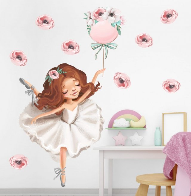 Baletnica, balonik, pastelowe kwiatki - Naklejka na ścianę
