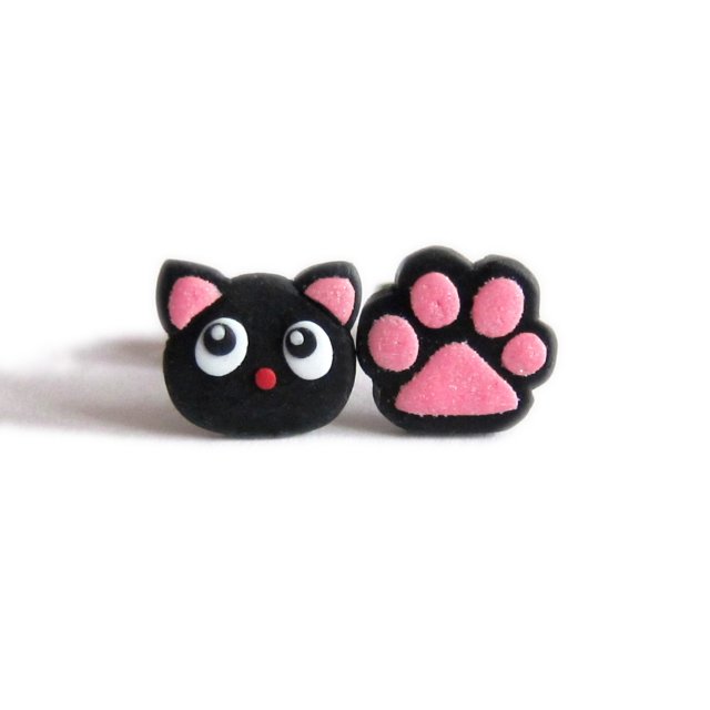 Kolczyki Kot i Łapka Kolczyki Dla Dziewczynki Kolczyki Czarne Koty Prezent na Walentynki