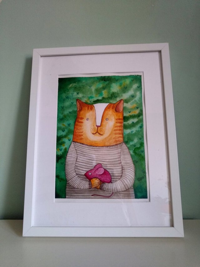 Akwarela obrazek do pokoju dziecięcego dekoracja "Kot w paski"