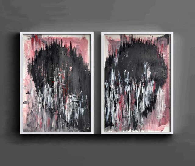 Akryl + Akwarela, Dyptyk 2 x A3, abstrakcja serce, róż, czarny, biały, szary, nowoczesny zestaw obrazów, modern art