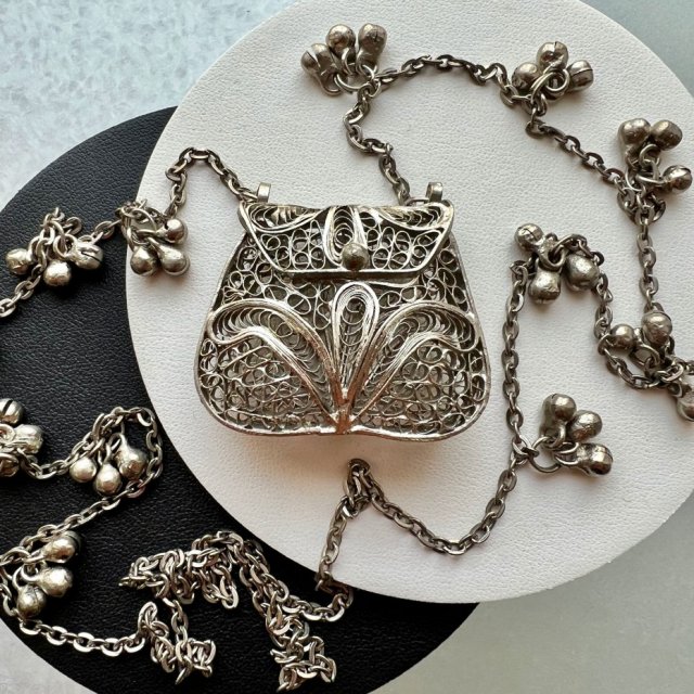 Unikacik! ❤ Vintage Filigree Pewter Necklace ❤ Torebka - Filigranowy naszyjnik ❤