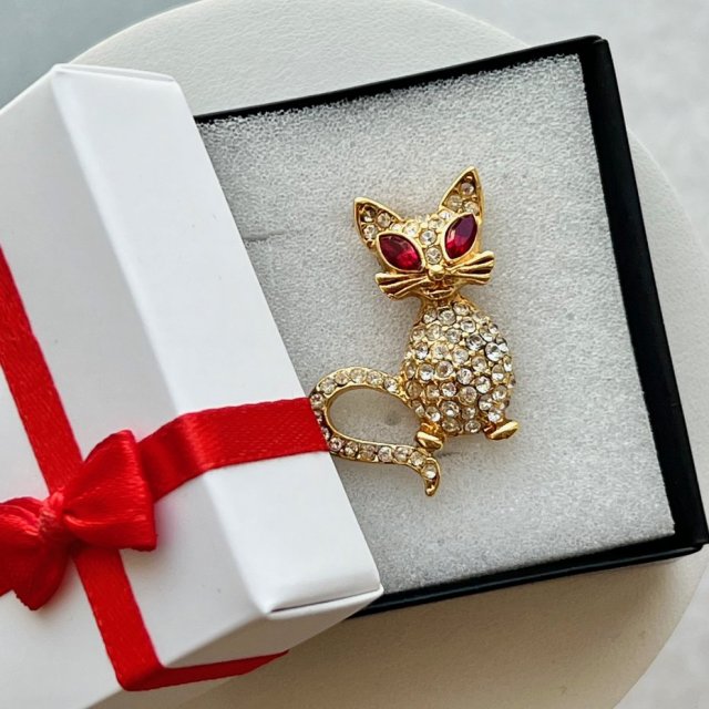 Vintage Beautiful Sweet Kitty - Gold plated ❤ Czerwonooka kocia broszka ❤