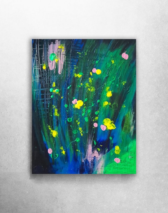 Neonowa abstrakcja- Łąka kwietna, Obraz Akryl 40 x 50cm. Do nowoczesnego, minimalistycznego wnętrza.