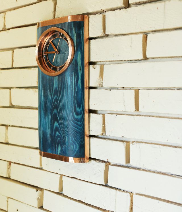 Zegar drewniany POP ART niebieski z miedzią