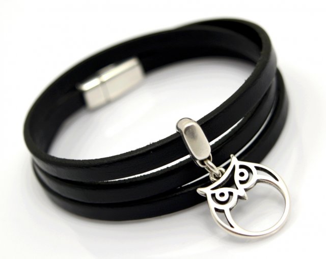 bransoletka skórzana MAGNETOOS triple OWL black