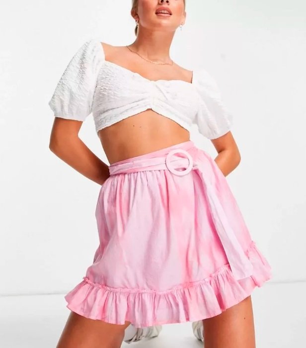 Różowa zwiewna spódnica mini z bawełny z paskiem i nadrukiem tie dye