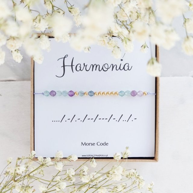 HARMONIA bransoletka motywacyjna Morse Code (Ametyst, Fluoryt, Złoto, Srebro)