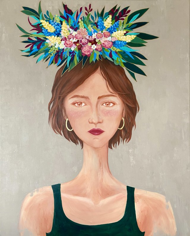 "Flower Lady" 80x100 cm - obraz na płótnie ręcznie malowany - kobieta z kwiatami