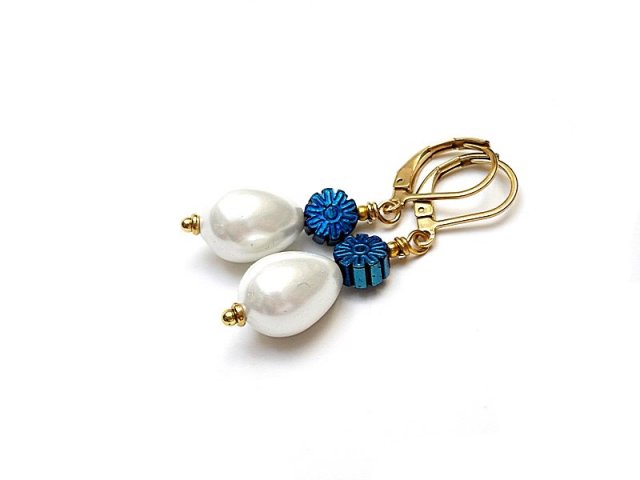 Pearls /white and cobalt/ perły - kolczyki