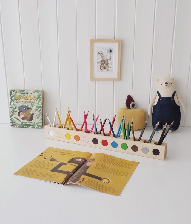 Drewniany organizer na kolorowe kredki dla dzieci 12 kolorów Montessori Ekologiczny