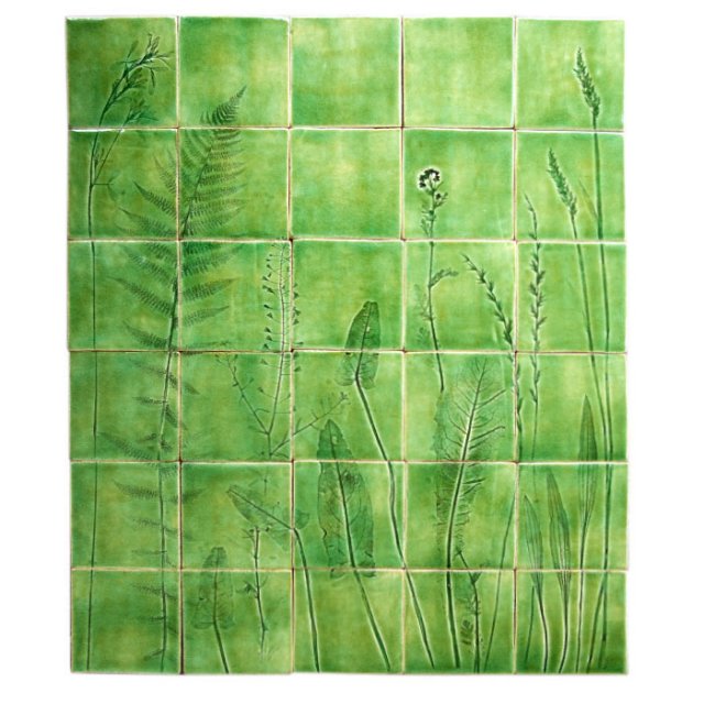 ręcznie wykonane kafle zielone butelkowe, obraz na kaflach z roślinami