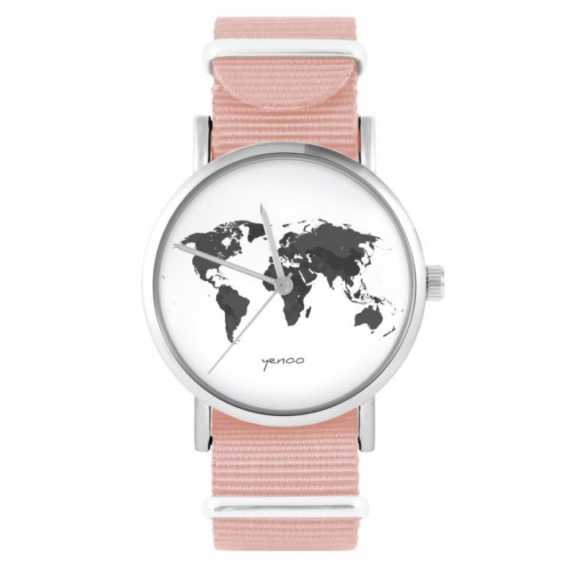 Zegarek - Mapa świata 2 - brzoskwiniowy róż, nylonowy