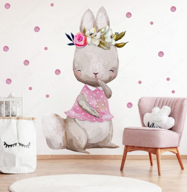 Naklejka na ścianę dla dzieci króliczek, kropki, groszki XL