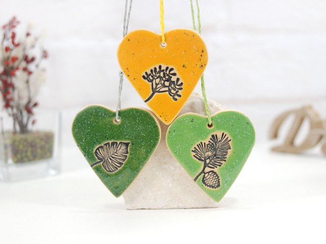 3 ceramiczne serca ozdoby - las