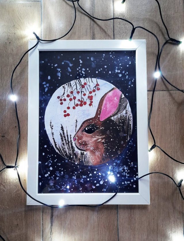 Akwarela oryginalna A4 "Polny Zając", niepowtarzalny obraz ręcznie malowany akwarelą, zimowy obrazek, śnieg, noc, las, królik