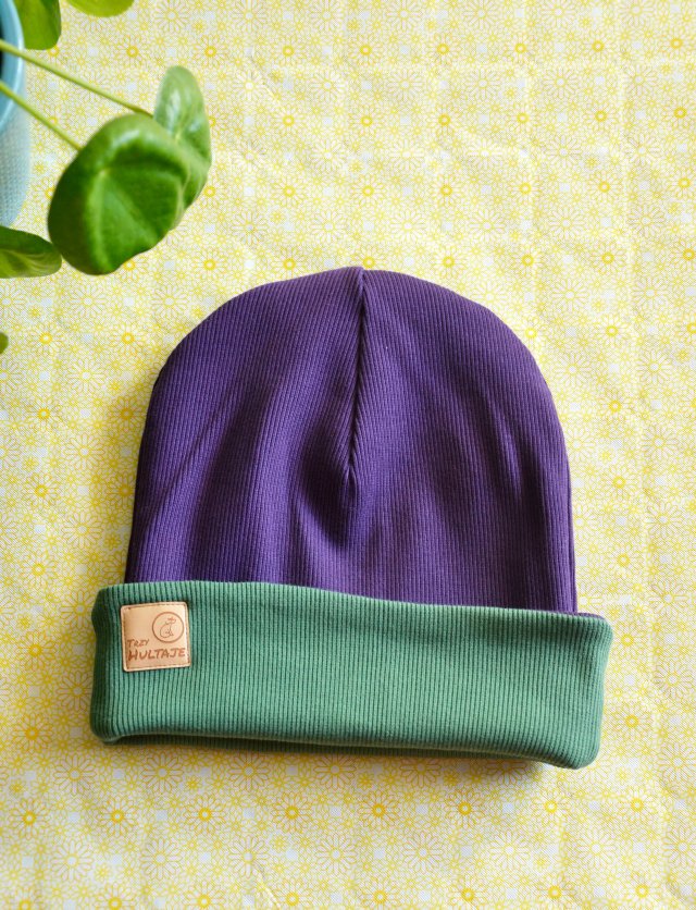 Czapka beanie prążek fioletowo - zielona