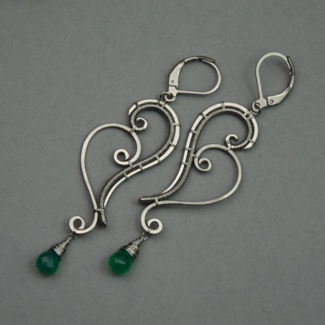 Długie kolczyki zielony onyks, wire wrapping, stal chirurgiczna