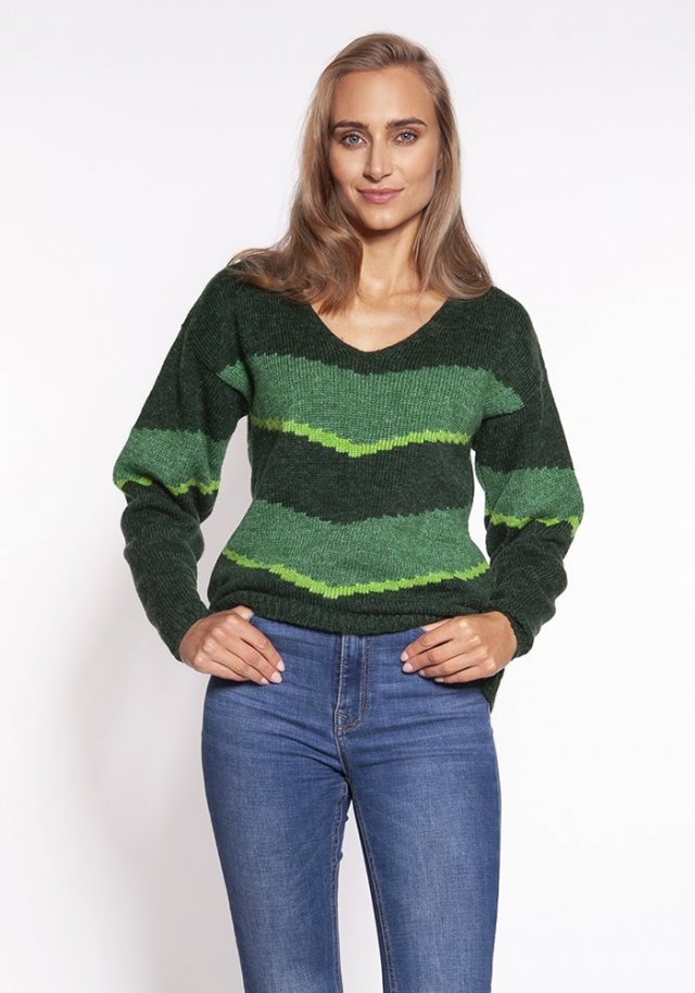 Sweter w graficzny wzór chevron - SWE269 zielony MKM